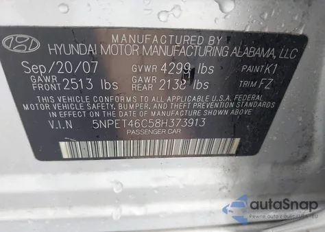 2008 Hyundai Sonata Gls z USA, uszkodzony, nr VIN 5NPET46C58H373913